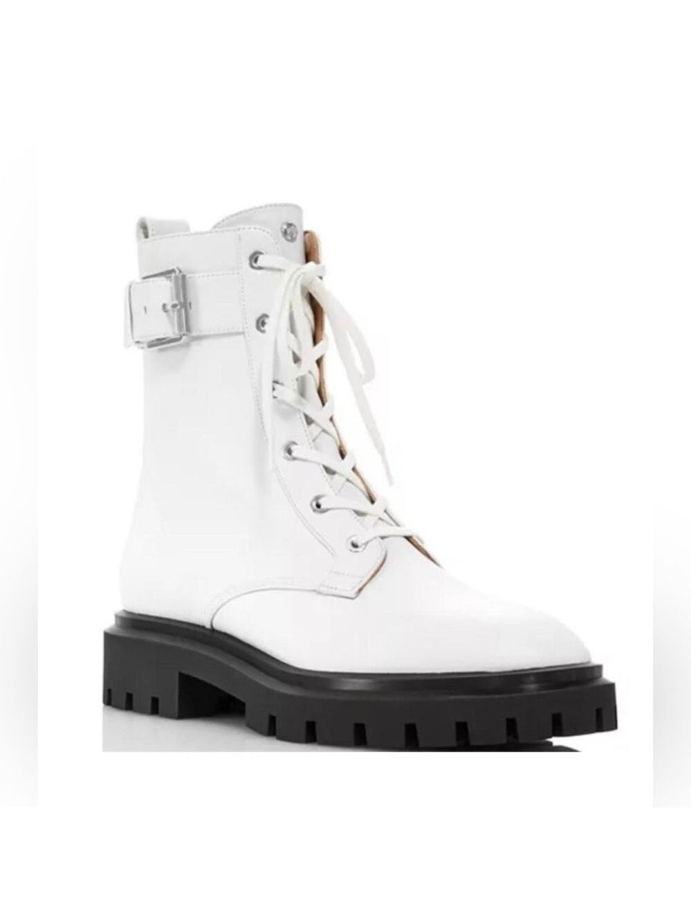 Stuart Weitzman Ultra Lug Buckle White Leather Combat Boots - NWT